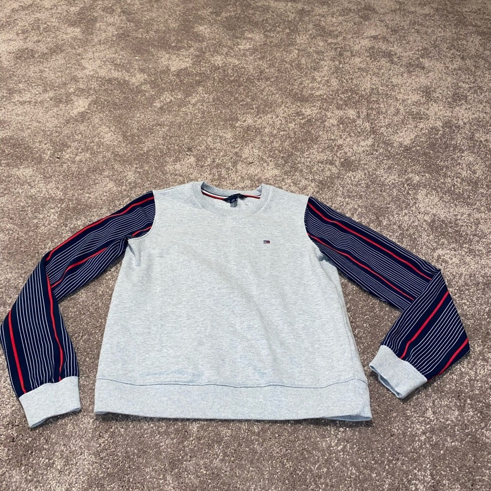 Tommy Hilfiger Gray Crewneck Sweatshirt Size XS Striped Sleeves